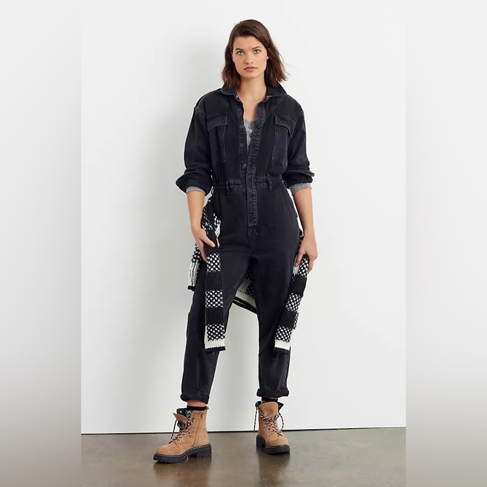 AGOLDE VIANKA DENIM UTILITY BUTTON UP JUMPSUIT LONG SLEEVE IN BLACK SIZE 10